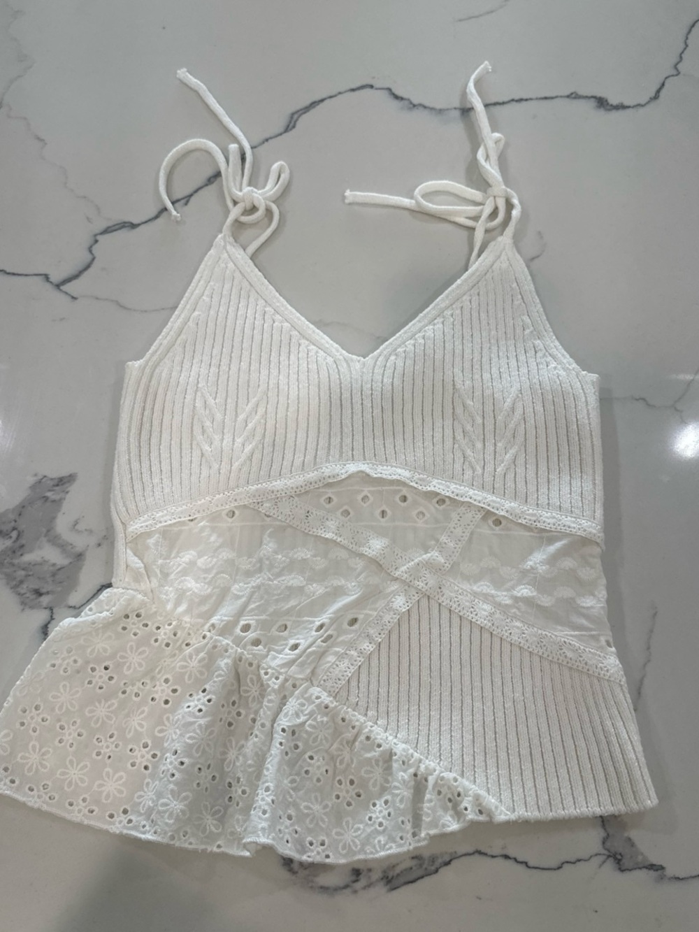 Zara White Lace-Trim Ribbed Tie-Strap Tank Top - Size Small